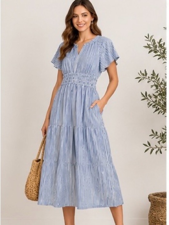a.n.a Dresses & Skirts - a.n.a Light Blue Striped Midi Dress with Smocked Waist